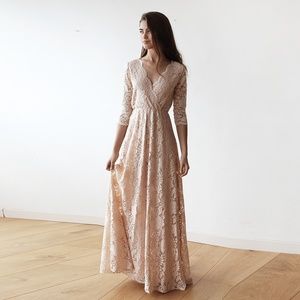 Lace Three Quarters Sleeve Blush-Pink Maxi Dress